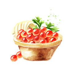 Tart with red caviar. Watercolor hand drawn illustration isolated on white background