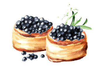 Tarts with black caviar. Watercolor hand drawn illustration, isolated on white background