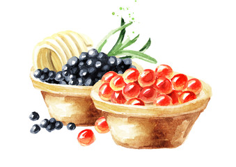 Tarts with red and black caviar. Watercolor hand drawn illustration isolated on white background