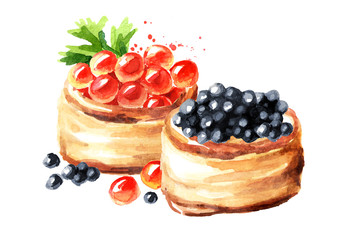 Tarts with red and black caviar. Watercolor hand drawn illustration, isolated on white background