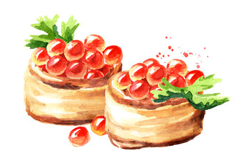 Tarts with red caviar. Watercolor hand drawn illustration, isolated on white background