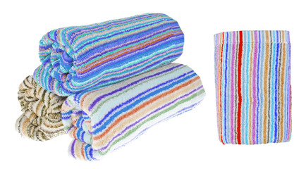Set. Three rolled terry towels. Striped towels. Different colors. Isolated image on white background. Front view.