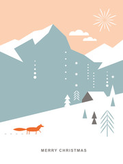 Christmas card . Postcard. Stylized Christmas fox, mountains, snowflakes, Christmas trees, landscape, simple minimalistic scandinavian style © LenLis