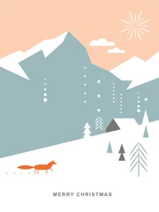 Gordijnen Christmas card . Postcard. Stylized Christmas fox, mountains, snowflakes, Christmas trees, landscape, simple minimalistic scandinavian style © LenLis