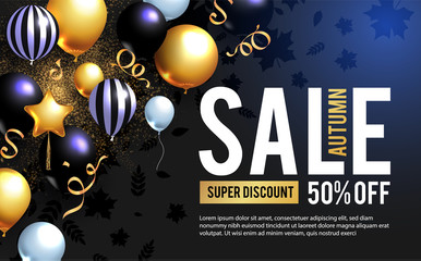 Autumn Sale. Luxurious advertising banner with golden foil balloons and season falling leaves.