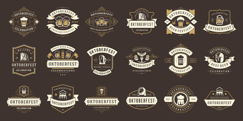 Oktoberfest badges and labels set vintage typographic design templates vector illustration.
