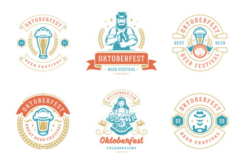 Oktoberfest badges and labels set vintage typographic design templates vector illustration.