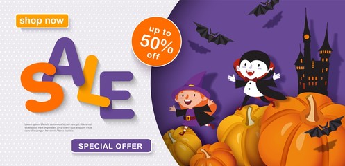 Halloween sale design. Horizontal 3d banner. Vampire, witch, pumpkin, bat, castle. Festive advertising background. Vector illustration
