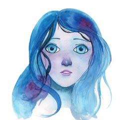 Watercolor illustration portrait of a young fantasy girl with blue hair and eyes 