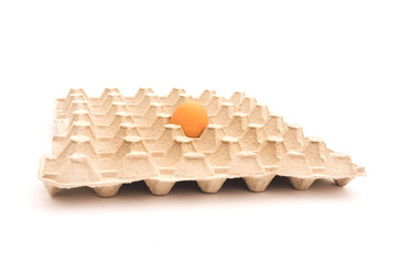 one egg lying on egg box isolated on white background.