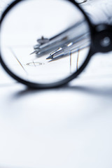 Compass on the background detail drawings. Technical drawing.