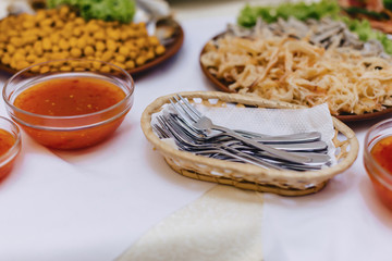 festive salty buffet, fish, meat, chips, cheese balls and other specialties for celebrating weddings and other events