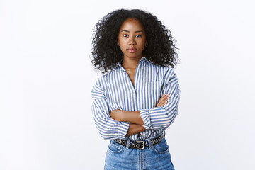 Serious-looking woman listening client focused assured, looking assertive confident, can solve situation cross arms chest standing mighty accomplished pose, white background, work hard achieve goal