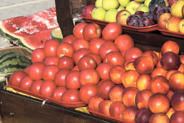 beautiful red apples on a counter of shop