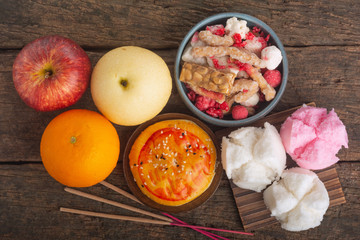Sweets and Fruits for  Chinese Ghost Festival.
