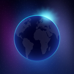 Dawn from space. Dawn from space. Rising sun behind the earth. Vector stock illustration.