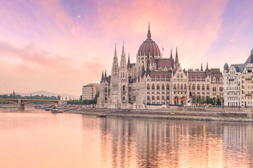 Parliament building over delta of Danube river in Budapest