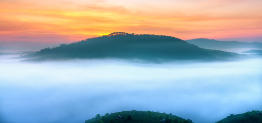 Dawn on the mountain plateau mist covered valley in Da Lat, Vietnam. All create wonderful views in the morning of the beautiful new day