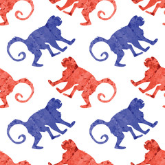 Red Blue Monkey Seamless Pattern Isolated on White Background. Wild Tropical Mammal Animal Ape Icon. Symbol of Zodiac. Low Poly Design. Gorilla Polygonal Silhouette.