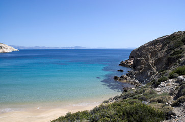 Beautiful Greek island. Beach landscape with view over clear blue waters to the horizon. The charming small island of Donoussa.