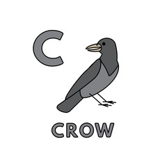 Vector Cute Cartoon Animals Alphabet. Crow Illustration