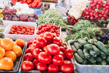 big choice of fresh vegetables on market counter