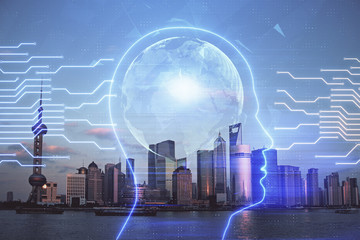 Brain hologram drawing on cityscape background multi exposure. Ai in modern city concept.