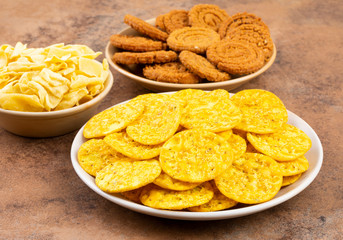 Indian Street Snack Food Masala Khari Papdi with Chakli or Besan Papdi