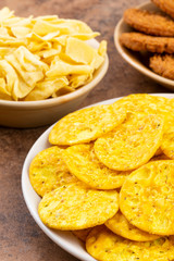Indian Street Snack Food Masala Khari Papdi with Chakli or Besan Papdi
