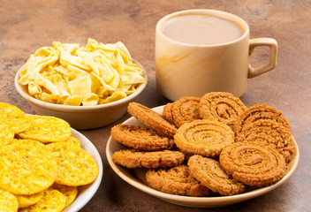 Indian Street Snack Food Chakli With Masala Khari Papdi or Besan Papdi