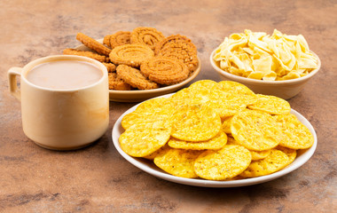 Indian Street Snack Food Masala Khari Papdi with Chakli or Besan Papdi