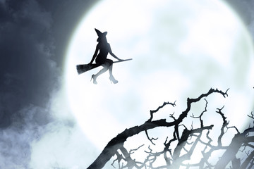 Silhouette of witch woman flying with a broom