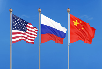 Three colored silky flags in the wind: USA (United States of America), Russia and China. 3D illustration.