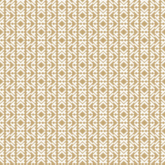 Vector geometric seamless pattern in traditional Asian style. Tribal ethnic motif. Golden ornament with lines, rhombuses, grid, mesh. Abstract white and gold background texture. Repeat design element
