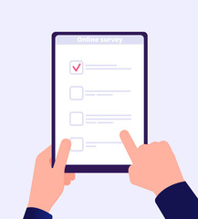 Online survey. Internet surveying list hand holding tablet web test form. Mobile questionnaire customers voting application vector. Checklist online, check screen survey, questionnaire list