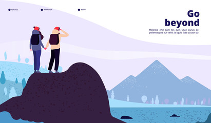 Outdoor adventure landing. Couple with backpack climbing mountain looking new horizon. Healthy lifestyle tourism web vector page. Illustration of adventure hiking, man tourist travel trekking