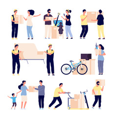 People moving new house. family moves new home with loaders, collect supplies in boxes. Isolated vector characters set. Illustration of delivery people, relocation and move box