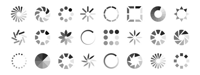Web loading icons vector. Load indicators isolated on white background. Load progress, upload indication, circle process round download illustration