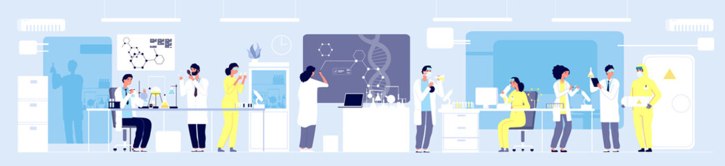 Science researching lab. Professional scientists chemical researchers working with lab equipment. Molecular engineering vector concept. Illustration medical lab, research experiment biology molecular - obrazy, fototapety, plakaty