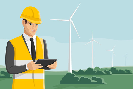 Engeneer with tablet computer on a background of wind turbines. Vector illustration
