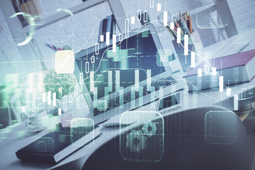 Forex market chart hologram and personal computer background. Multi exposure. Concept of investment.
