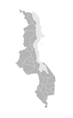 Vector isolated illustration of simplified administrative map of Malawi. Borders of the districts (regions). Grey silhouettes. White outline