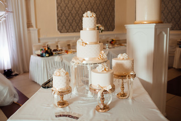 Holiday cakes for gourmets. Wedding cake. A Wedding cakes stands on the decorated table.