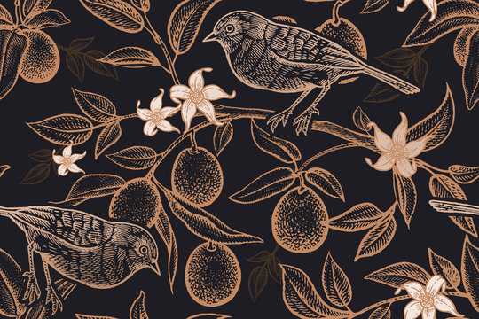 Seamless pattern with plants and birds. Bird on a branch of citrus tree.