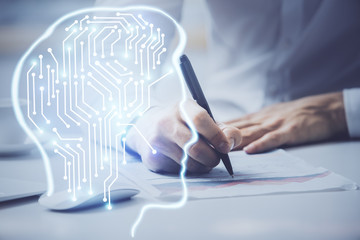Man with multi exposure brain theme icons.