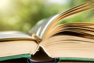 Open book on a wooden table in a garden. Sunny summer day, reading in a vacation concept