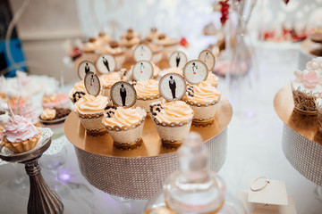 Candy bar. Table with sweets, candies, dessert