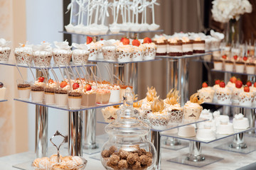 Table with loads of cakes, cupcakes, cookies and cakepops.