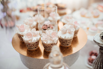 Delicious & tasty  decorated cupcakes at wedding reception closeup