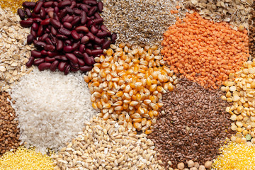 Close up of healthy grains, beans on background